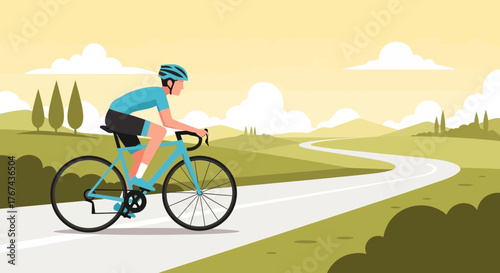 Vector Illustration of Cyclist Riding Bicycle on Scenic Path in Modern Minimalist Style with Soft Pastel Colors
