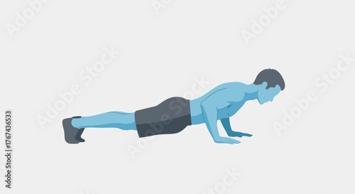 Minimalist Vector Illustration of Man Doing Pushups in Modern Style with Blue and Gray Color Palette