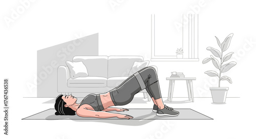 Minimalist Vector Illustration of Woman Performing Glute Bridge Exercise in Modern Home Style
