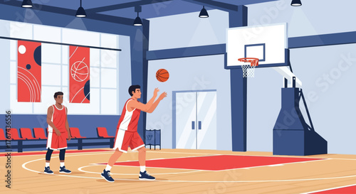 Vector Illustration of Basketball Players in Modern Indoor Court Style with Bright Colors