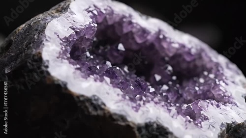 Macro Shot of a Geode Formation with Dark Exterior and Purple Crystalline Interior