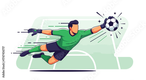 Vector Illustration of Soccer Goalkeeper in Action in Modern Style with Bright Green Uniform and Dynamic Motion Elements