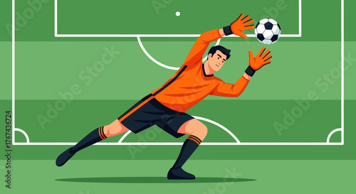 Vector Illustration of Soccer Goalkeeper in Action on Green Field in Modern Style