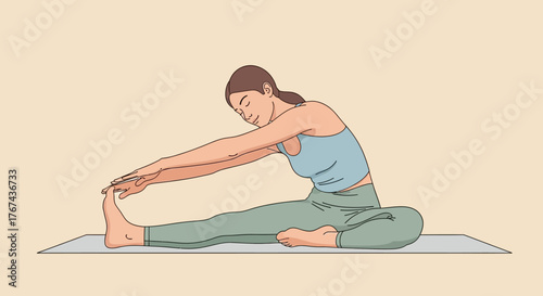 Vector Illustration of Woman Performing Yoga Stretch in Minimalist Style with Soft Neutral Colors