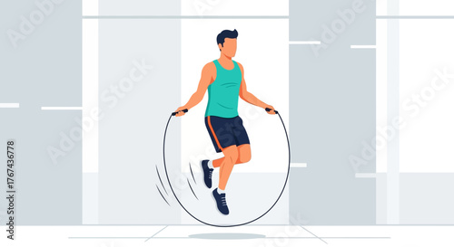 Vector Illustration of a Man Jumping Rope in Modern Minimalist Style with Bright Blue and Dark Shorts Colors for Fitness and Exercise Design