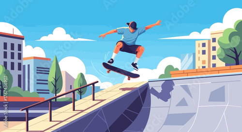 Vector Illustration of Skateboarder Performing Trick at Skatepark in Modern Cartoon Style with Bright Colors