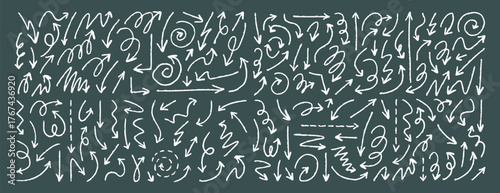 Crayon brush arrow doodle line stroke Sketch pencil texture scribble arrow icon on chalkboard, hand drawn grunge direction element