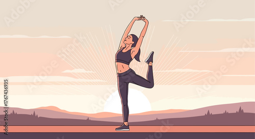 Minimalist Vector Illustration of Woman Yoga Pose in Sunset Scene in Calm Color Palette