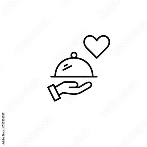Food cloche in hand and heart. Restaurant service. Pixel perfect, editable stroke vector icon