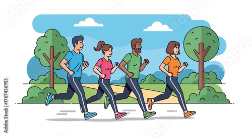 Vector Illustration of Running People in a Park Scene in Modern Flat Style with Bright Colors