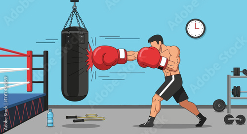 Vector Boxing Illustration of Male Boxer Hitting Punching Bag in Modern Commercial Style with Dynamic Action and Bright Colors