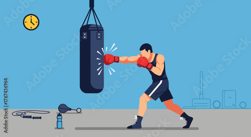 Vector Illustration of Boxer Training with Punching Bag in Modern Minimalist Style Featuring Bold Colors
