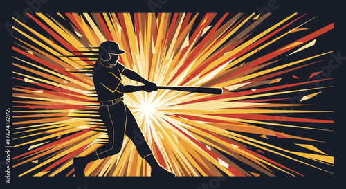 Vector Illustration of Baseball Player Swinging Bat in Dynamic Explosion Style in Vibrant Colors