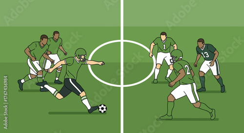 Vector Illustration of Soccer Players in Action in Modern Minimalist Style with Green and White Colors
