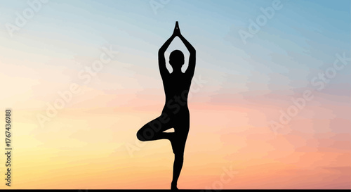 Minimalist Vector Illustration of Yoga Pose Silhouette with Sunset Gradient in Modern Style for Wellness and Fitness Branding