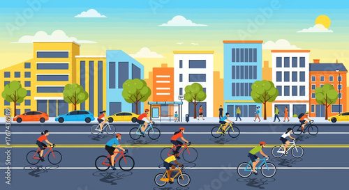 Vector Illustration of Cityscape with Cyclists and Modern Buildings in Flat Style for Urban Design