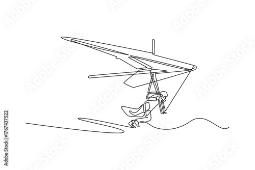 Single one line drawing female hang gliding athlete, soaring airborne and flying high. Fluid motion and dynamic freedom of extreme sport. Modern continuous line draw design graphic vector illustration