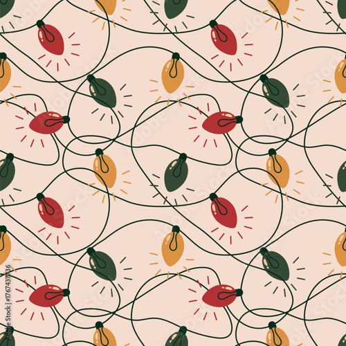 Holiday vector colorful light garland on beige background in flat style. For Christmas, New year, birthday and anniversary greeting cards, invitation or background.