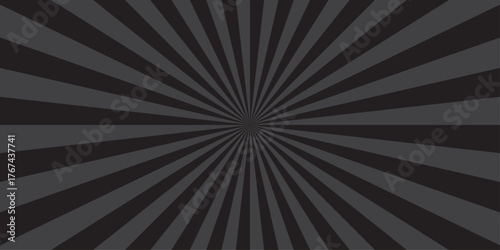Sunburst beam light vintage shine and graphic summer explosion pattern. black and gray bright sunrise isolated glow striped texture background.	