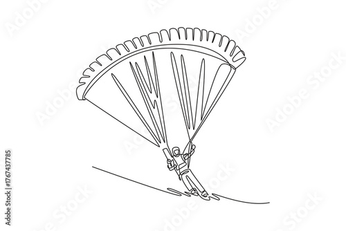 Continuous one line drawing person is paragliding, suspended beneath fully inflated chute and flying low over a slope, thrill and airborne freedom. Single line draw design vector graphic illustration