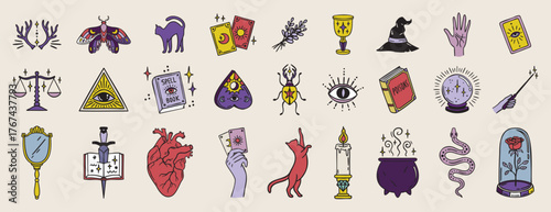 Boho witchy elements set heart, moths and spellbook, all seeing eye and goblet, candle and beetle, snake and rose, astrology symbols hand drawn
