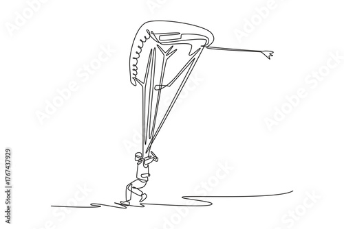 Continuous one line drawing adventure person is paragliding, preparing for takeoff, controlling the chute, balance and readiness for extreme sport. Single line draw design vector graphic illustration