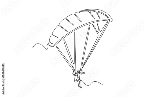 Continuous one line drawing brave person is paragliding, suspended high beneath fully inflated chute, thrill and airborne freedom of extreme sport. Single line draw design vector graphic illustration