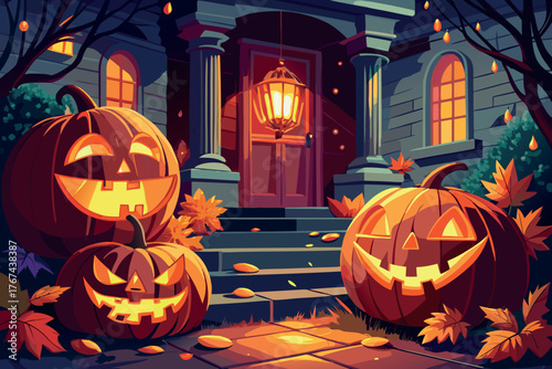 Spooky jack o lanterns greet visitors at a haunted house entrance