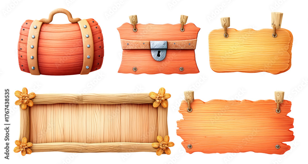 Naklejka premium Colorful Wooden Signs and Treasure Chest for Creative Design Projects and Artwork