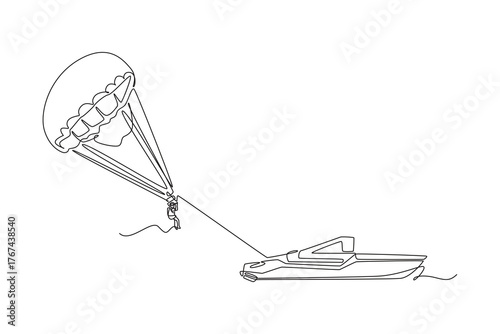 Single continuous line drawing person is parasailing, suspended beneath parachute and towed by speed boat. Thrill and airborne freedom extreme sport. One line draw graphic design vector illustration