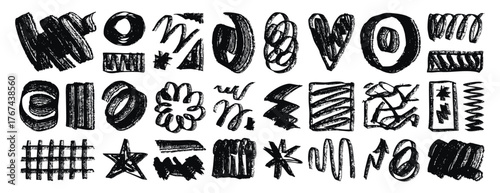 Bright positive set doodle elements abstract shapes and strokes, hand drawn texture dry brush hearts, circles, stars and creative messy elements for posters or web design