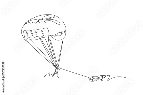 Single continuous line drawing person is parasailing, suspended beneath parachute and towed by boat, thrill and airborne freedom of the extreme sport. One line draw graphic design vector illustration