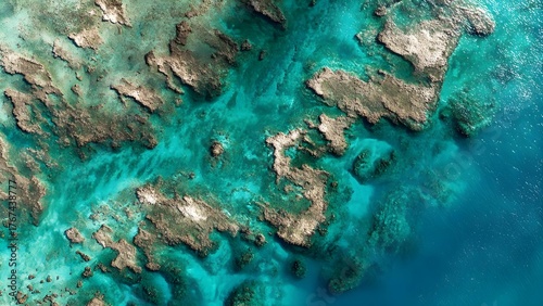 Fototapeta Naklejka Na Ścianę i Meble -  Aerial view of turquoise ocean with coral reefs and rocky outcrops. Concept Aerial turquoise ocean with coral reef mosaics, Coral reef labyrinths and rocky outcrops from above