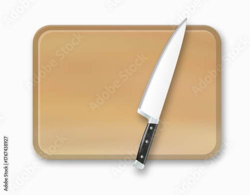 Wooden Cutting Board Kitchen Chopping Board for Food Preparation. Butcher Knife for Meat Cutting. Vector