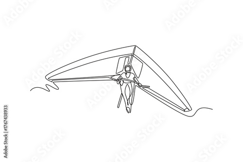 Single continuous line drawing man is hang gliding, gripping control bar firmly while soaring airborne, fluid motion, dynamic freedom of extreme sport. One line draw graphic design vector illustration