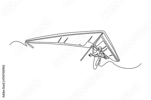 Single one line drawing bravery man is hang gliding, soaring with arms extended, smooth glide, dynamic motion, freedom of extreme sport. Modern continuous line draw design graphic vector illustration