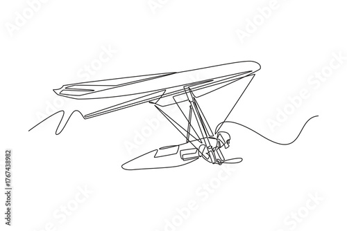 Single one line drawing bravery man is hang gliding, soaring airborne above winding that suggests, dynamic flight, fluid motion extreme sport. Continuous line draw design graphic vector illustration