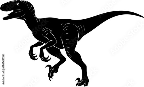 Velociraptor silhouette. This image shows a black silhouette of a Velociraptor, a small, agile predator dinosaur from the prehistoric era. Vector clipart illustration design