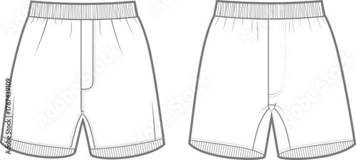 Men’s boxer shorts, technical flat sketch, underwear design illustration, waistband detail, seam construction, garment template, fashion vector, clothing pattern, apparel mockup, textile design