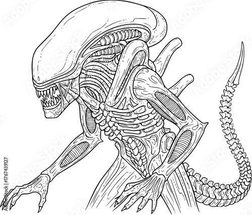 Alien xenomorph drawing. It is a black and white outline image of a xenomorph alien, a terrifying sci-fi creature from popular culture. Vector sketch line art draw
