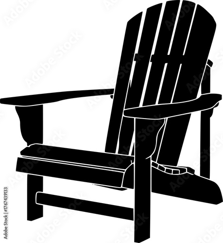 Adirondack chair silhouette. This image shows a silhouette of an Adirondack chair, also known as a Muskoka chair, featuring a slatted back and wide armrests. Vector clipart illustration design