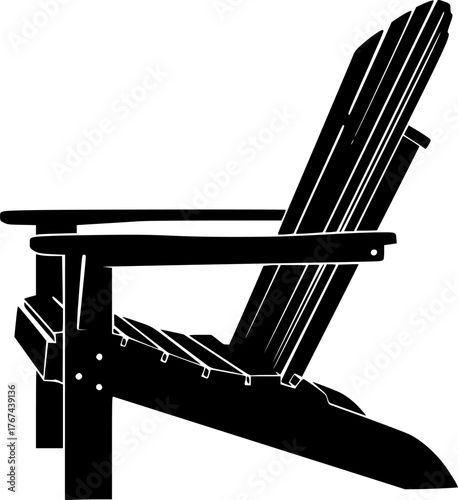 Adirondack chair silhouette. This image shows a silhouette of an Adirondack chair, also known as a Muskoka chair, featuring a slatted back and wide armrests. Vector clipart illustration design