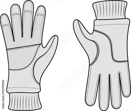 Protective gloves with detailed stitching, reinforced palm grip, ergonomic design, durable fabric, ribbed cuffs, industrial safety, fashion accessory, manufacturing use
