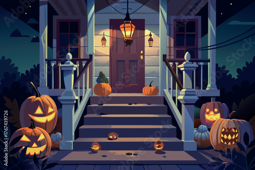 Spooky halloween night porch with jack o lanterns and lanterns