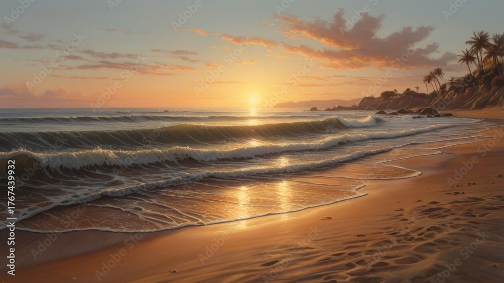 Fototapeta premium Golden Hour Waves: A Tranquil Beach Scene with Palm Trees and Warm Sunset Light