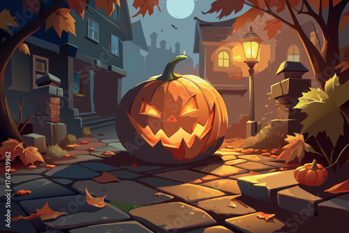 Spooky jack o lantern illuminates cobblestone street on halloween night