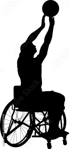 Silhouette of an athlete in a sports wheelchair with arms extended upward, holding a basketball and preparing to release a shot.