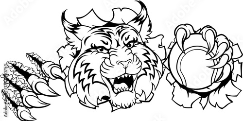 A wildcat or bobcat with a tennis ball sports team animal cartoon mascot