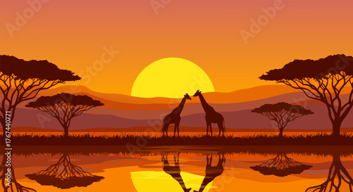 African Safari Sunset Silhouette of Two Giraffes Reflecting in Water under a Vibrant Orange Sky with Acacia Trees