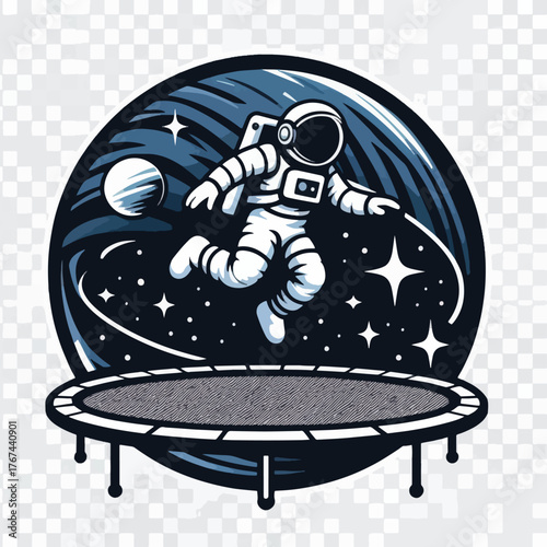 Astronaut Bouncing on Trampoline in Space with a Ball.